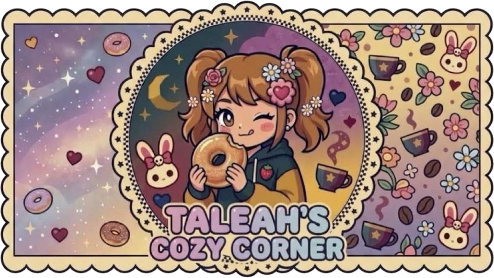 Taleah's Cozy Corner Artwork with Chibi Taleah eating a donut, cosmic galaxy, and floral coffee wallpaper